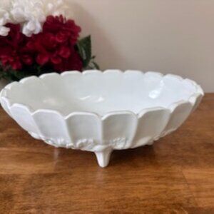 Indiana Glass Milk Glass Pedestal Bowl‎ Fruit Motif Scalloped Footed Centerpiece
